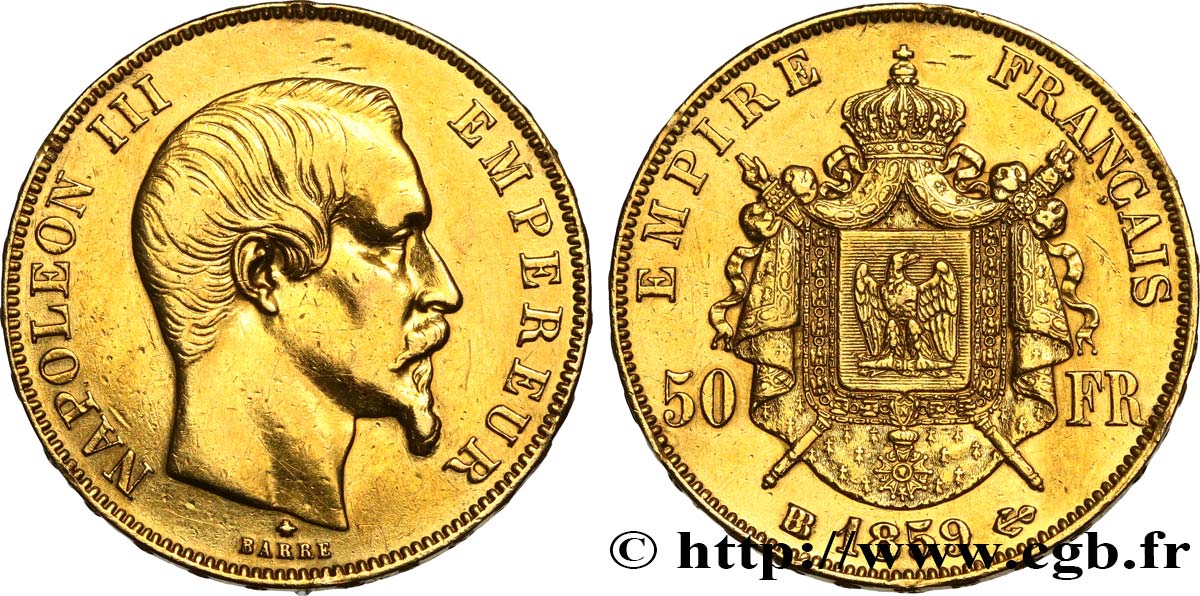 50 francs or Napoléon III, tête nue 1859 Strasbourg F.547/8 MBC 
