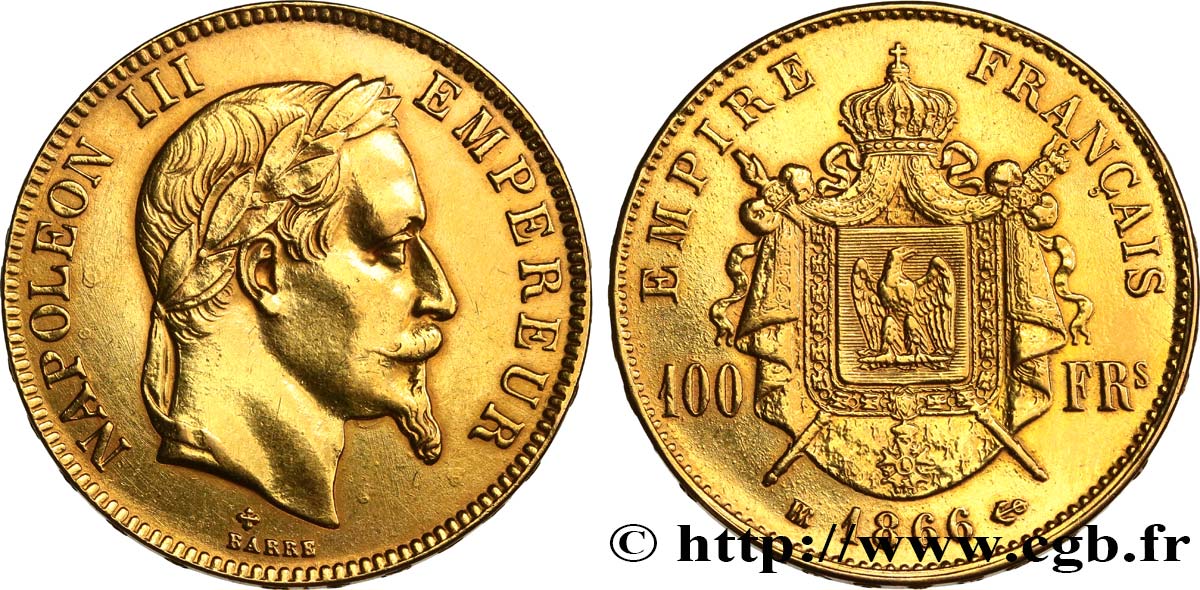 100 francs or Napoléon III, tête laurée 1866 Strasbourg F.551/7 MBC 