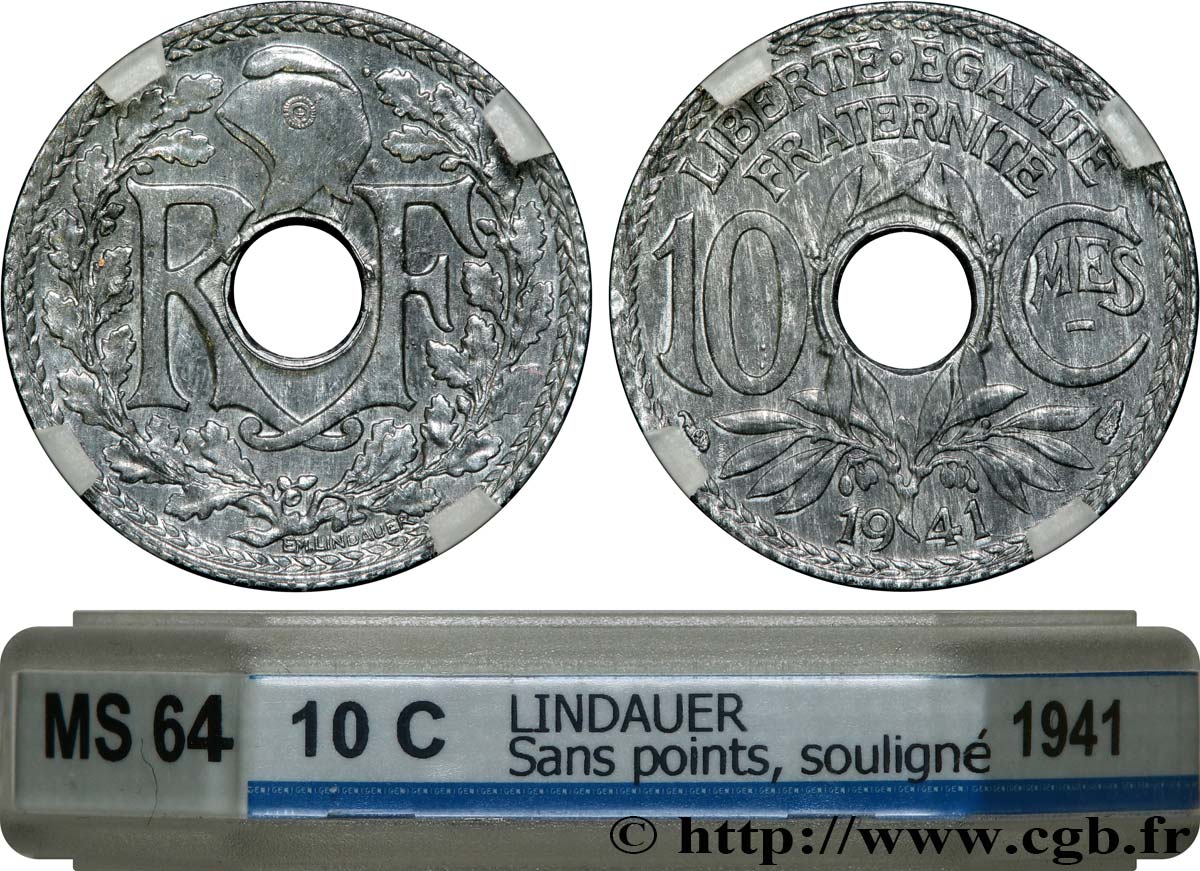 10 centimes Lindauer en zinc, Cmes souligné et millésime sans points 1941  F.140/1 SPL64 GENI