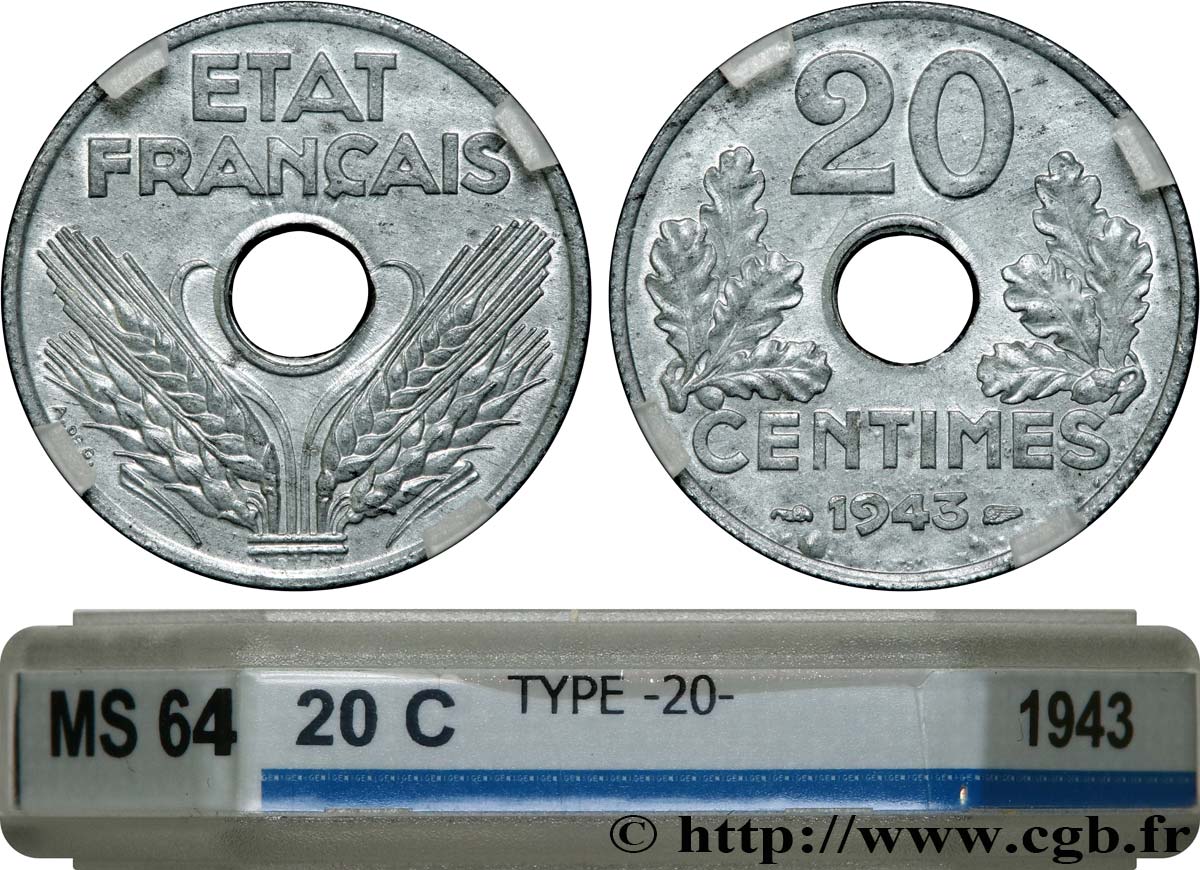 20 centimes État français, lourde 1943  F.153/5 MS64 GENI