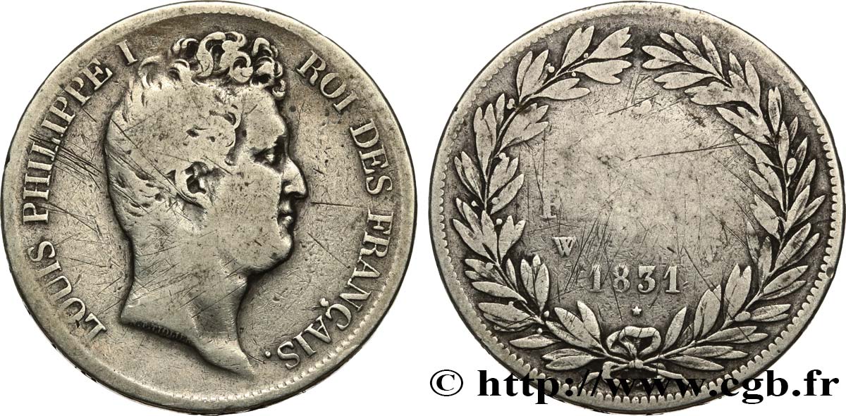 5 francs type Tiolier avec le I, tranche en creux 1831 Lille F.315/27 B+ 