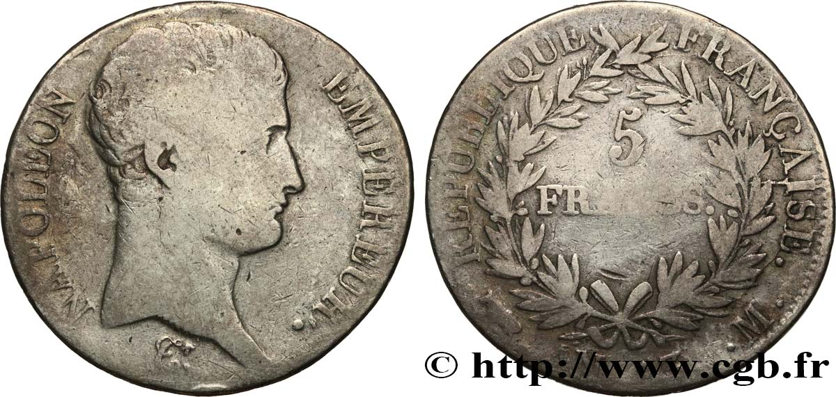 5 francs Napoléon Empereur, Calendrier révolutionnaire 1805 Toulouse F.303/13 B+ 
