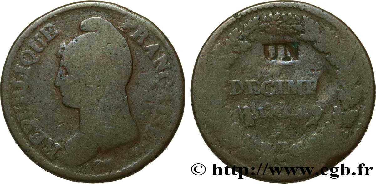 Un décime Dupré, modification du 2 décimes 1796 Paris F.127/1 G6 