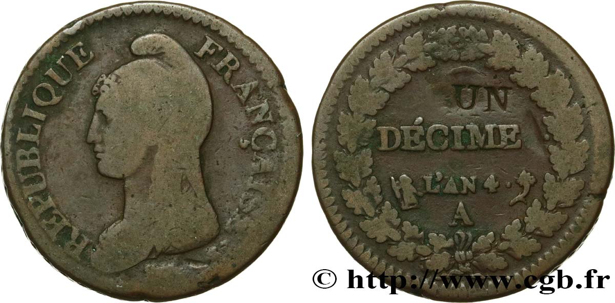 Un décime Dupré, modification du 2 décimes 1796 Paris F.127/1 B10 