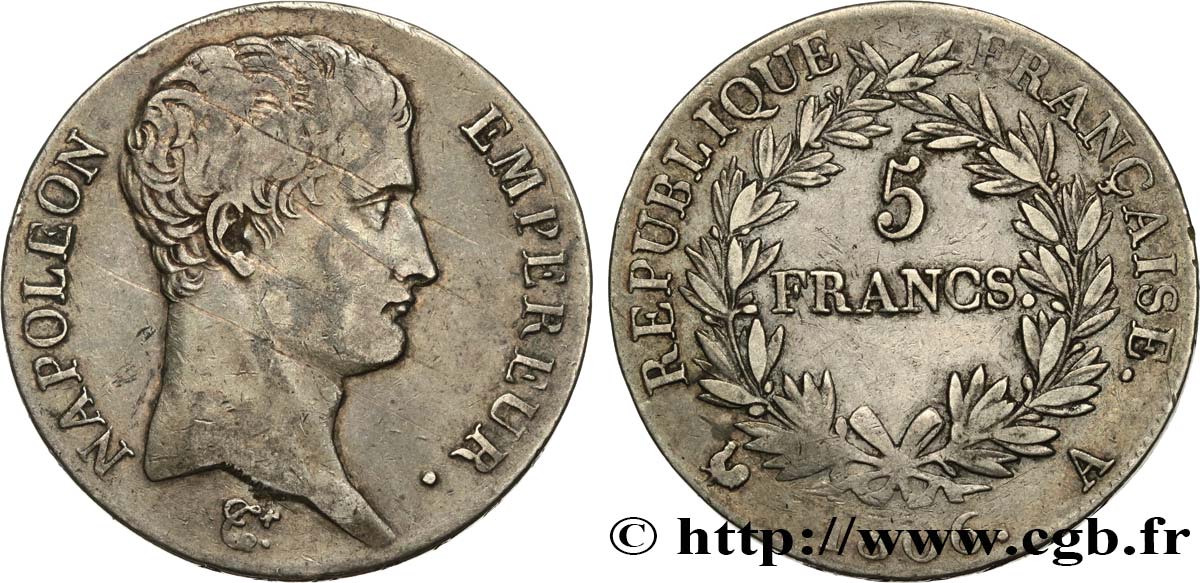5 francs Napoléon Empereur, Calendrier grégorien 1806 Paris F.304/1 TB 