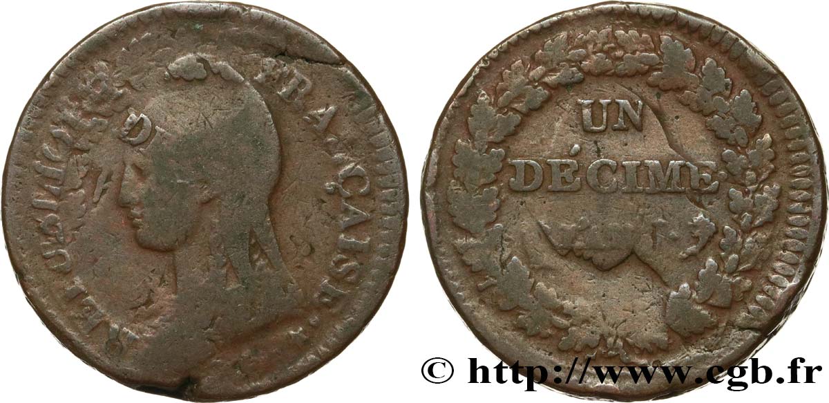 Un décime Dupré, grand module, &nbsp;refrappage&nbsp; du 2 décimes 1797 Paris F.128/1 TB15 