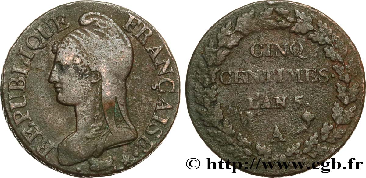 Cinq centimes Dupré, grand module 1797 Paris F.115/1 XF45 