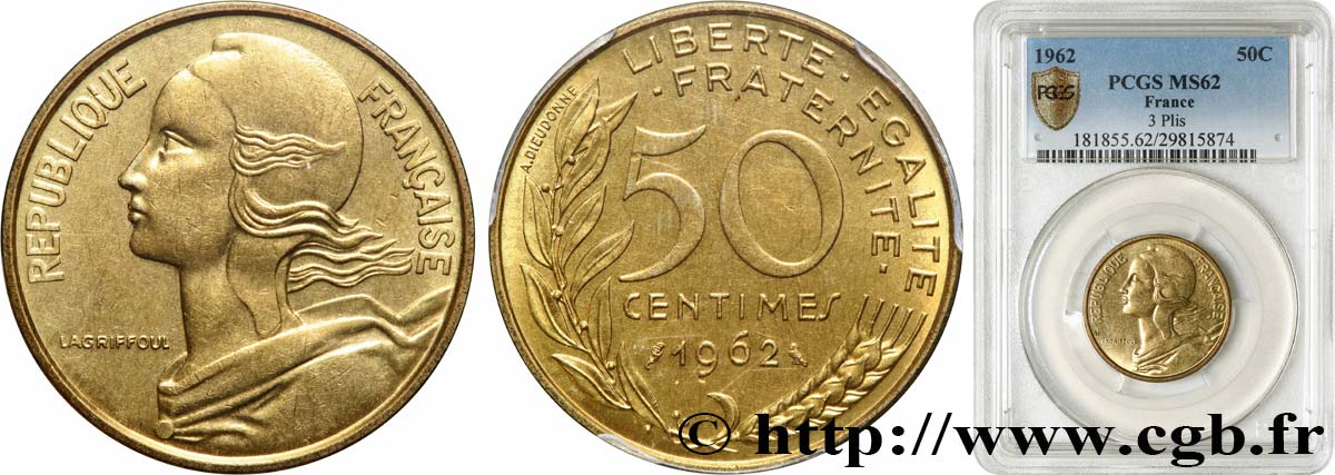 50 centimes Marianne, col à trois plis 1962 Paris F.197/2 MS62 PCGS