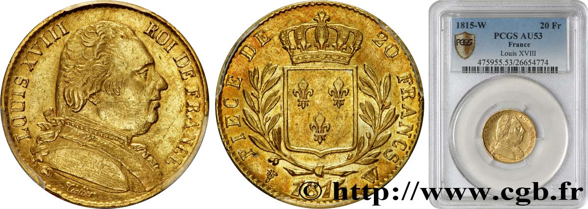 20 francs or Louis XVIII, buste habillé 1815 Lille F.517/18 MBC53 PCGS