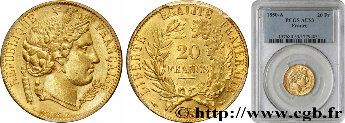 20 francs or Cérès 1850 Paris F.529/3 BB53 PCGS