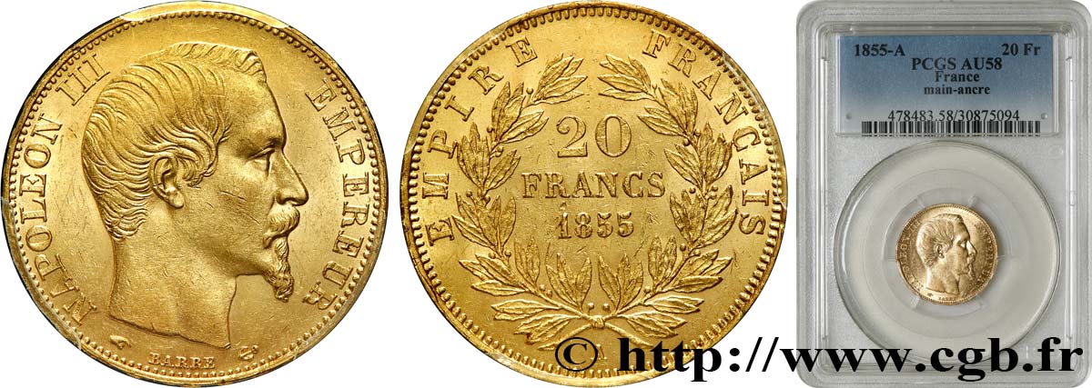 20 francs or Napoléon III, tête nue 1855 Paris F.531/4 VZ58 PCGS