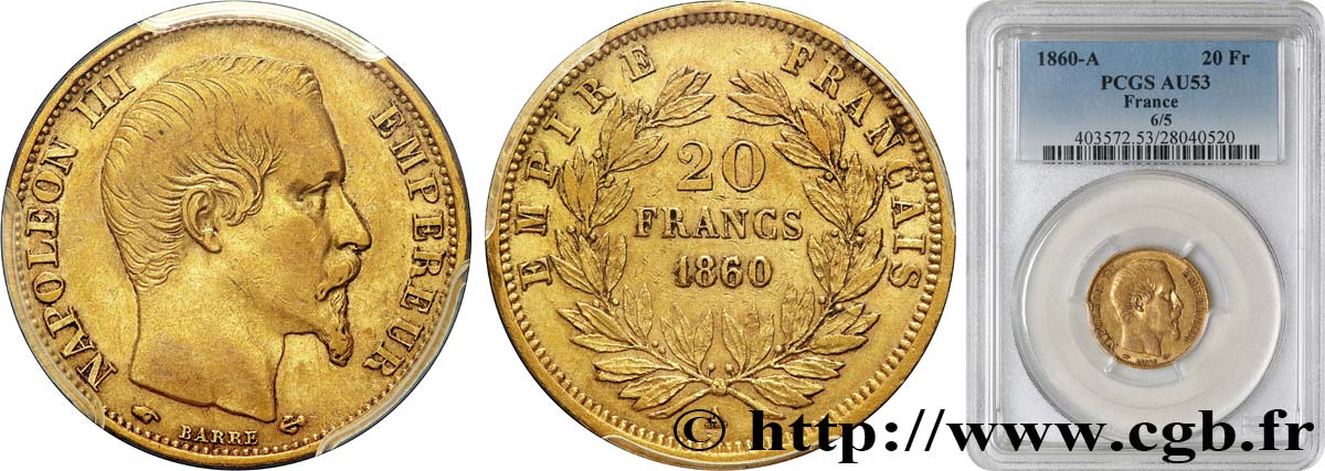 20 francs or Napoléon III, tête nue 1860 Paris F.531/17 SS53 PCGS