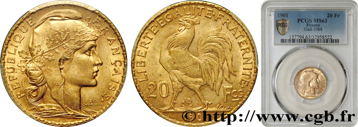 20 francs or Coq, Dieu protège la France 1901 Paris F.534/6 MS63 PCGS