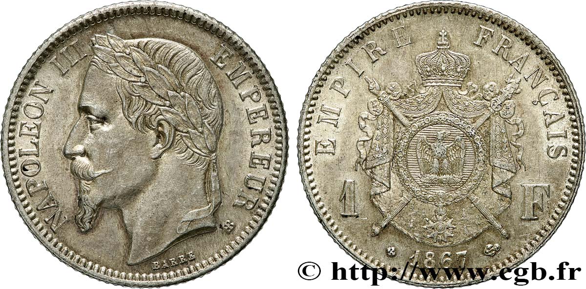 1 franc Napoléon III, tête laurée 1867 Strasbourg F.215/7 SPL60 