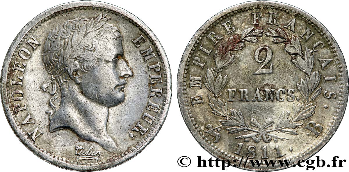 2 francs Napoléon Ier tête laurée, Empire français 1811 Rouen F.255/25 BC+ 