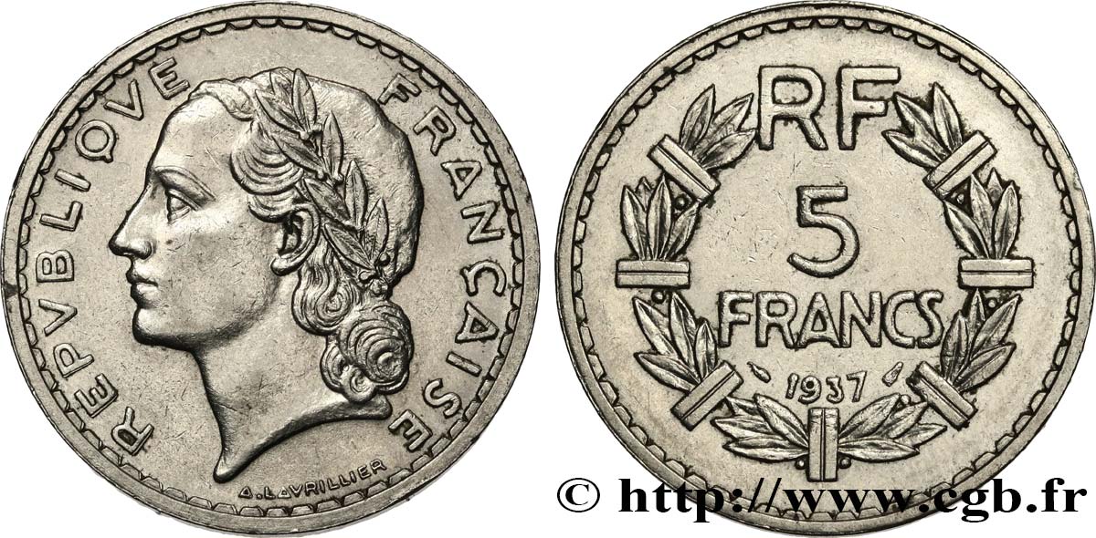 5 francs Lavrillier, nickel 1937  F.336/6 XF 
