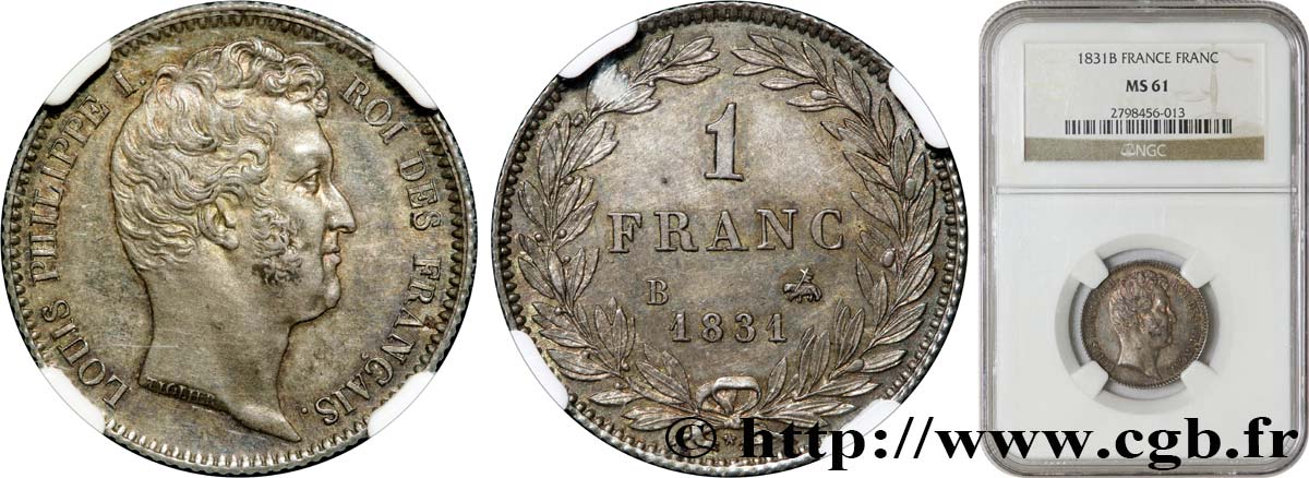 1 franc Louis-Philippe, tête nue 1831 Rouen F.209/2 SPL61 NGC