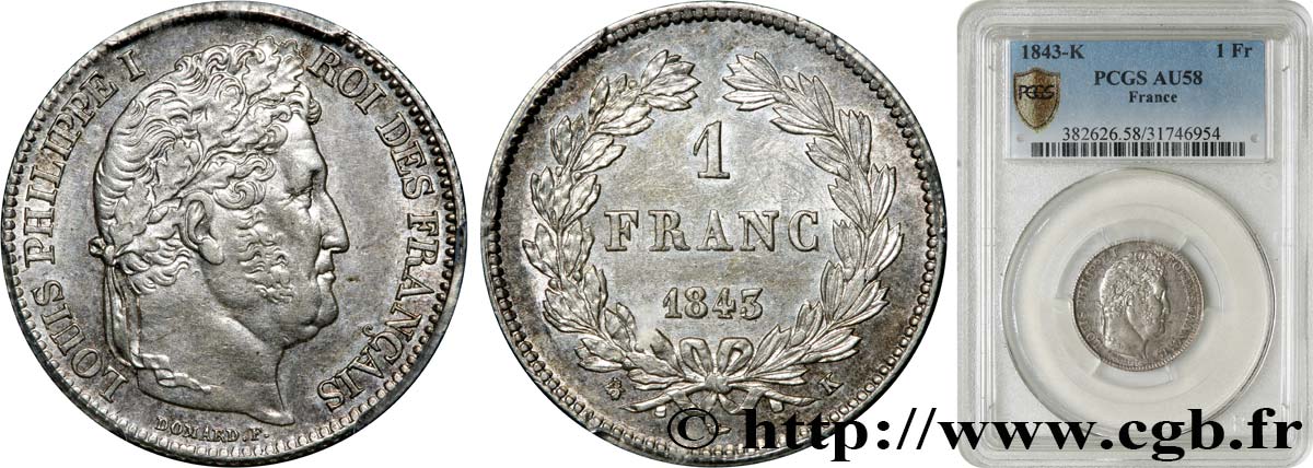1 franc Louis-Philippe, couronne de chêne 1843 Bordeaux F.210/93 AU58 PCGS