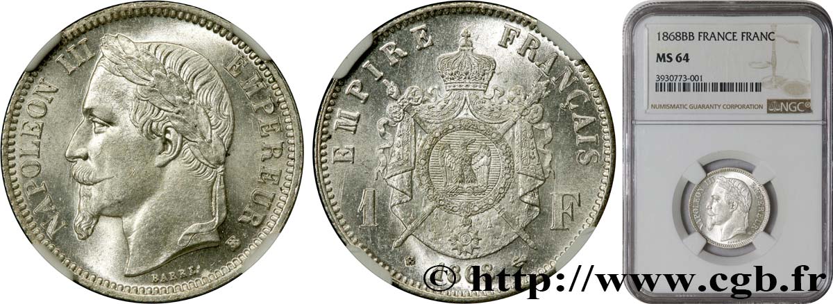 1 franc Napoléon III, tête laurée 1868 Strasbourg F.215/11 fST64 NGC