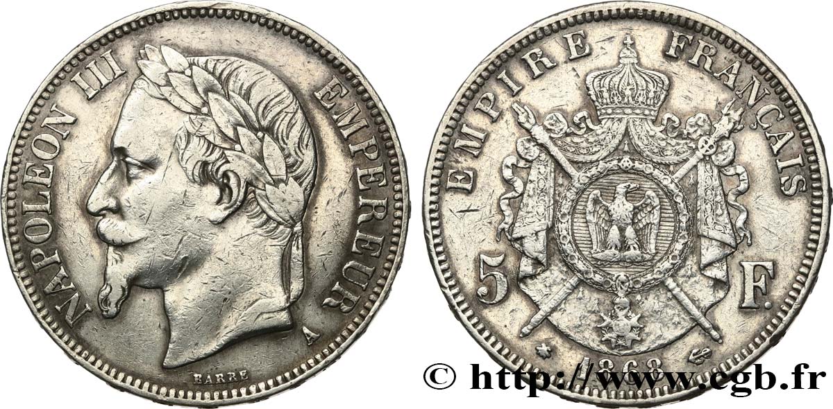 5 francs Napoléon III, tête laurée 1868 Paris F.331/12 q.BB 