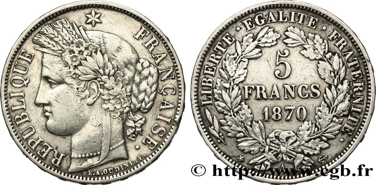 5 francs Cérès, avec légende 1870 Paris F.333/1 q.BB 