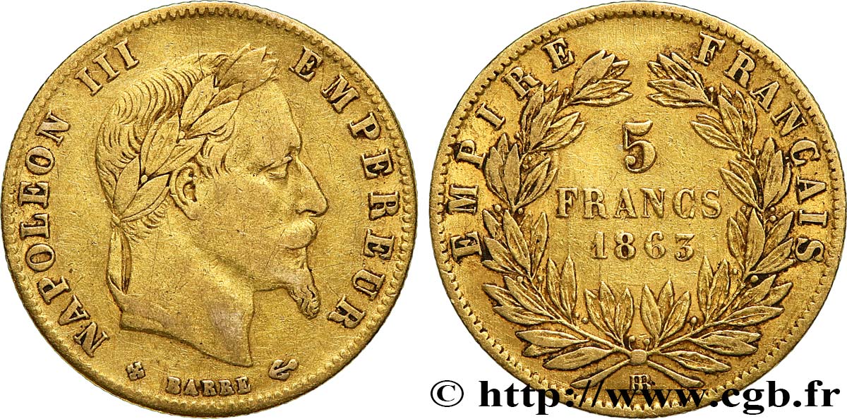 5 francs or Napoléon III, tête laurée 1863 Strasbourg F.502/4 VF35 