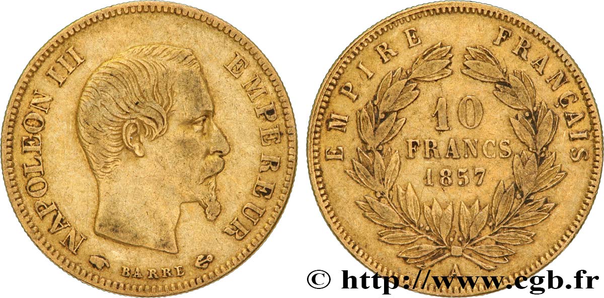 10 francs or Napoléon III, tête nue 1857 Paris F.506/4 TB35 