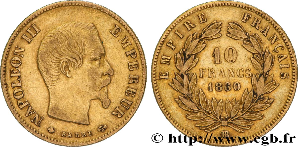 10 francs or Napoléon III, tête nue 1860 Strasbourg F.506/11 TB35 