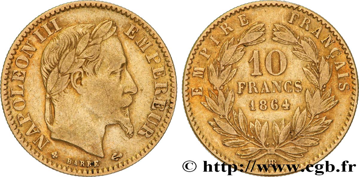 10 francs or Napoléon III, tête laurée 1864 Strasbourg F.507A/7 TB35 