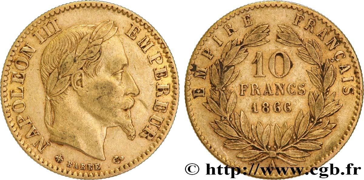 10 francs or Napoléon III, tête laurée 1866 Paris F.507A/12 TB+ 