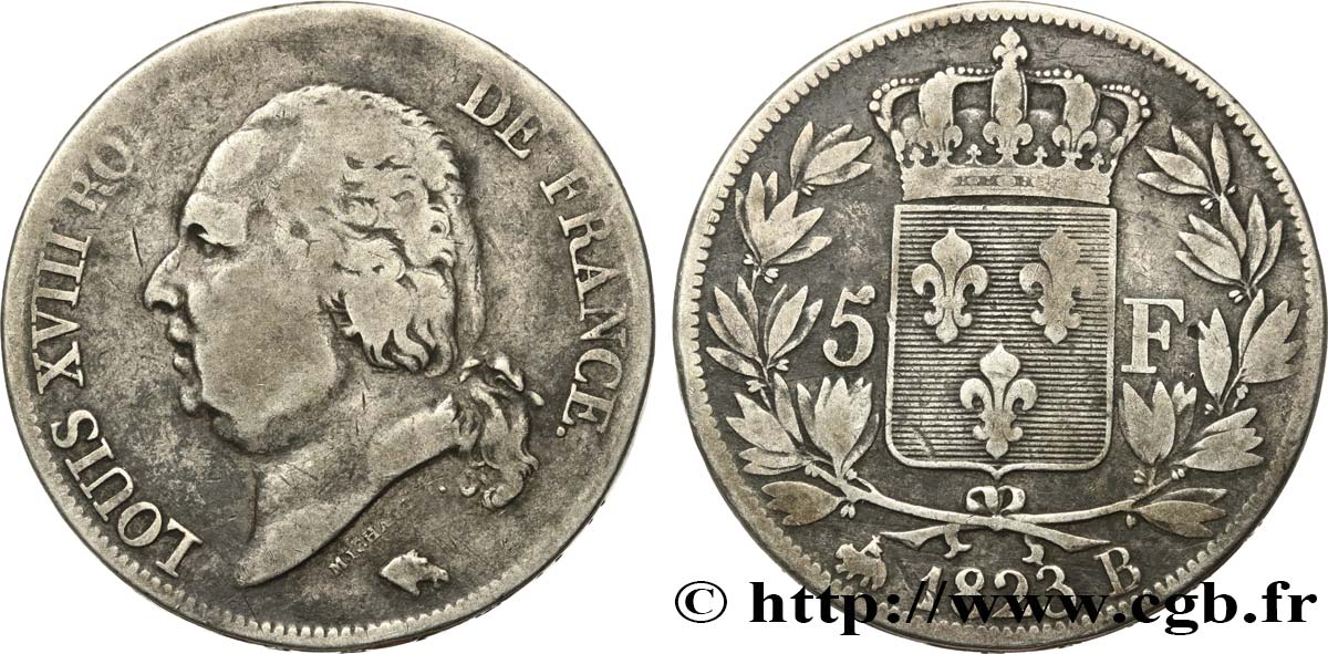 5 francs Louis XVIII, tête nue 1823 Rouen F.309/77 TB20 