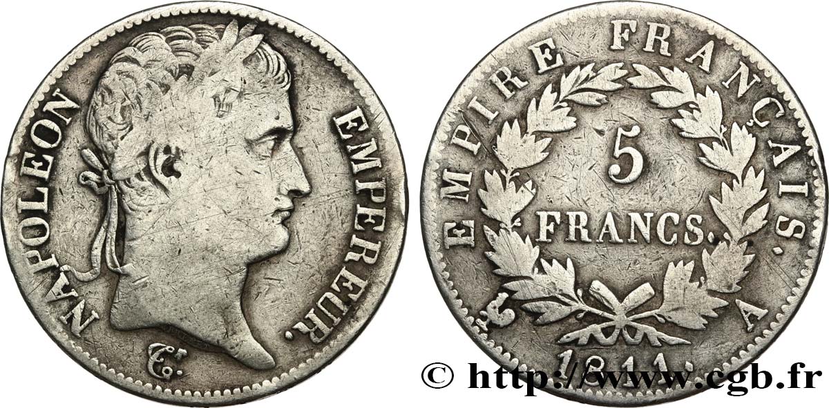 5 francs Napoléon Empereur, Empire français 1811 Paris F.307/27 S 