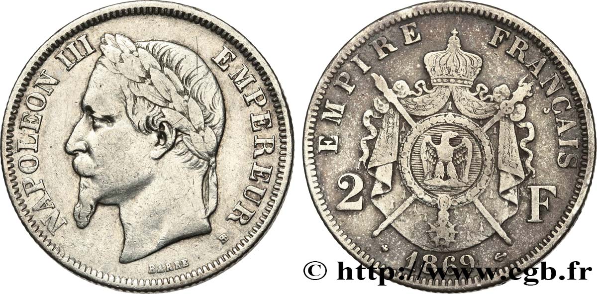 2 francs Napoléon III, tête laurée 1869 Strasbourg F.263/11 TB 