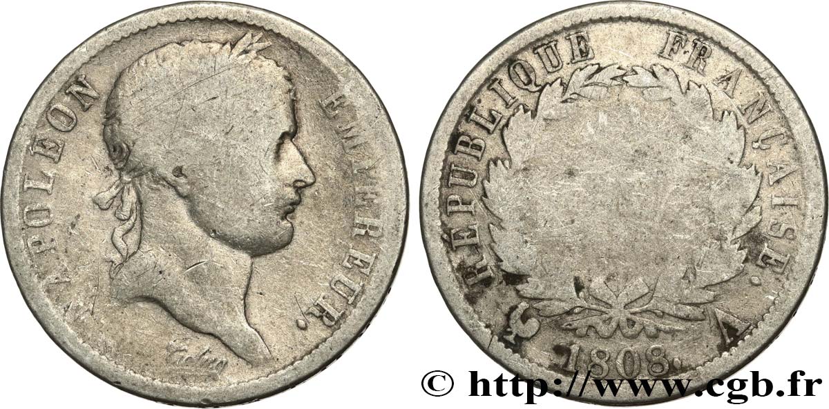 2 francs Napoléon Ier tête laurée, République française 1808 Paris F.254/4 VG 