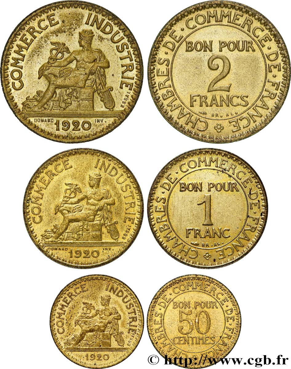 Lot de 3 Essai-piéfort de 50 centimes, 1 Franc et 2 Francs Chambres de commerce 1920 Paris F.191/1P MS 