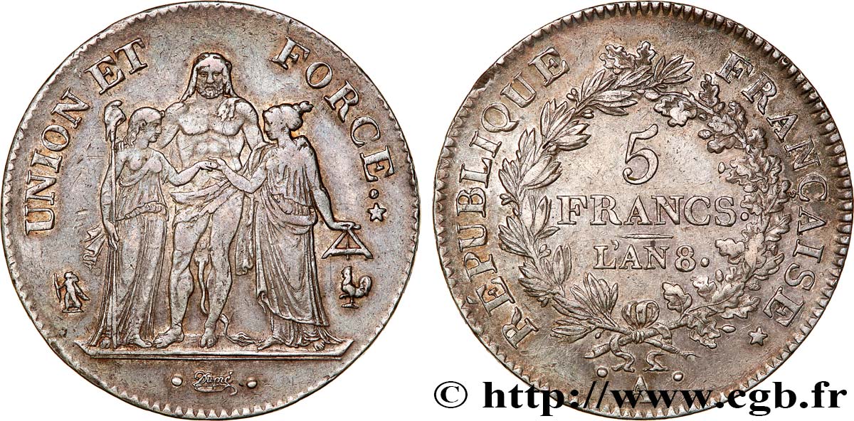 5 francs Union et Force, Union serré, avec glands intérieurs et gland extérieur 1800 Paris F.288/126 BB50 