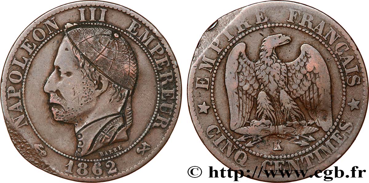 Cinq centimes Napoléon III, tête laurée, satirique 1862 Bordeaux F.117/9 var. BC 