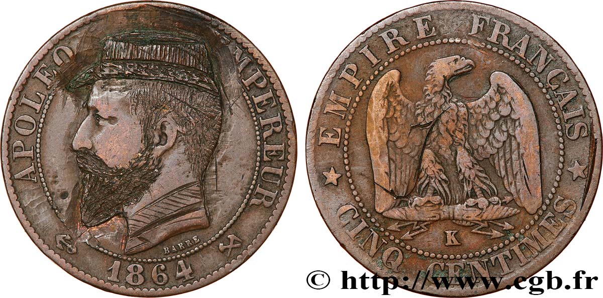 Cinq centimes Napoléon III, tête laurée, satirique pour le Général Boulanger 1864 Bordeaux F.117/15 var. BC+ 