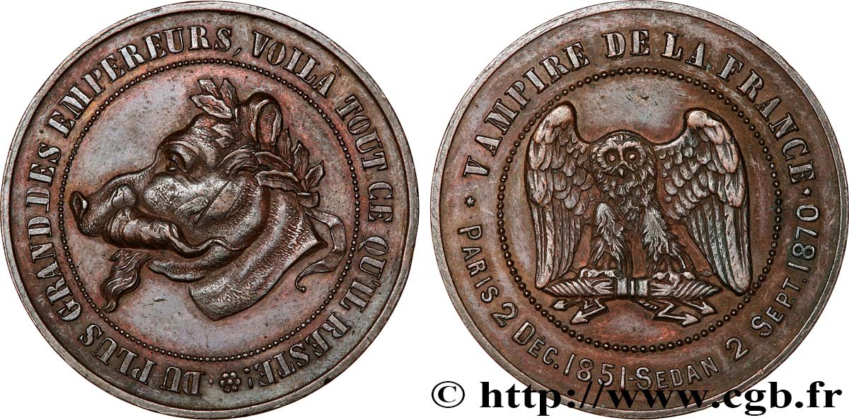 Monnaie satirique Cu 32, module de dix centimes à la tête de cochon 1870  Schw.C6c p.353 MBC+ 