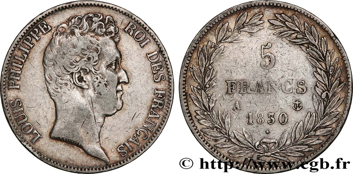 5 francs type Tiolier sans le I, tranche en creux 1830 Paris F.313/1 TB+ 
