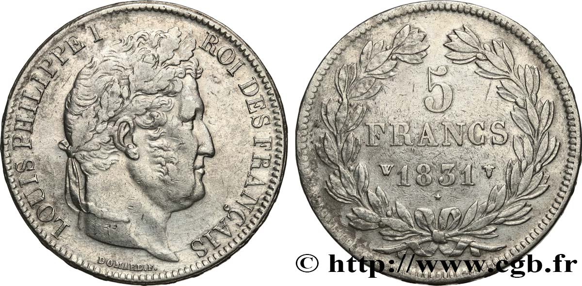 5 francs Ier type Domard, tranche en relief 1831 Lille F.320/13 TB+ 