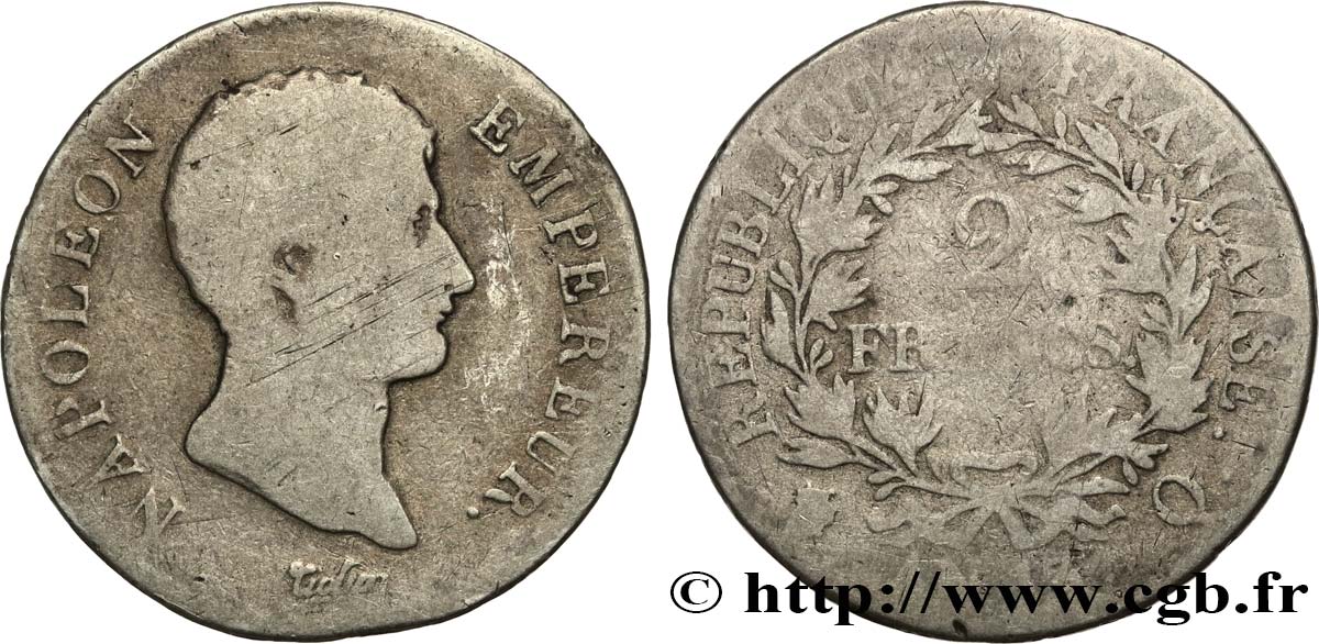 2 francs Napoléon Empereur, Calendrier révolutionnaire 1805 Perpignan F.251/23 RC 
