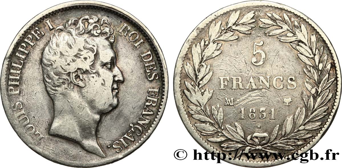 5 francs type Tiolier avec le I, tranche en creux 1831 Marseille F.315/23 TB 