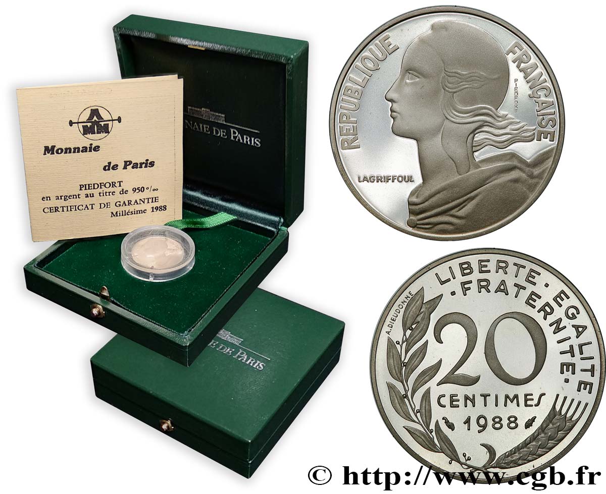 Piéfort argent de 20 centimes Marianne 1988 Pessac GEM.56 P2 FDC 
