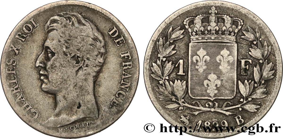 1 franc Charles X, matrice du revers à quatre feuilles 1829 Rouen F.207A/14 BC20 