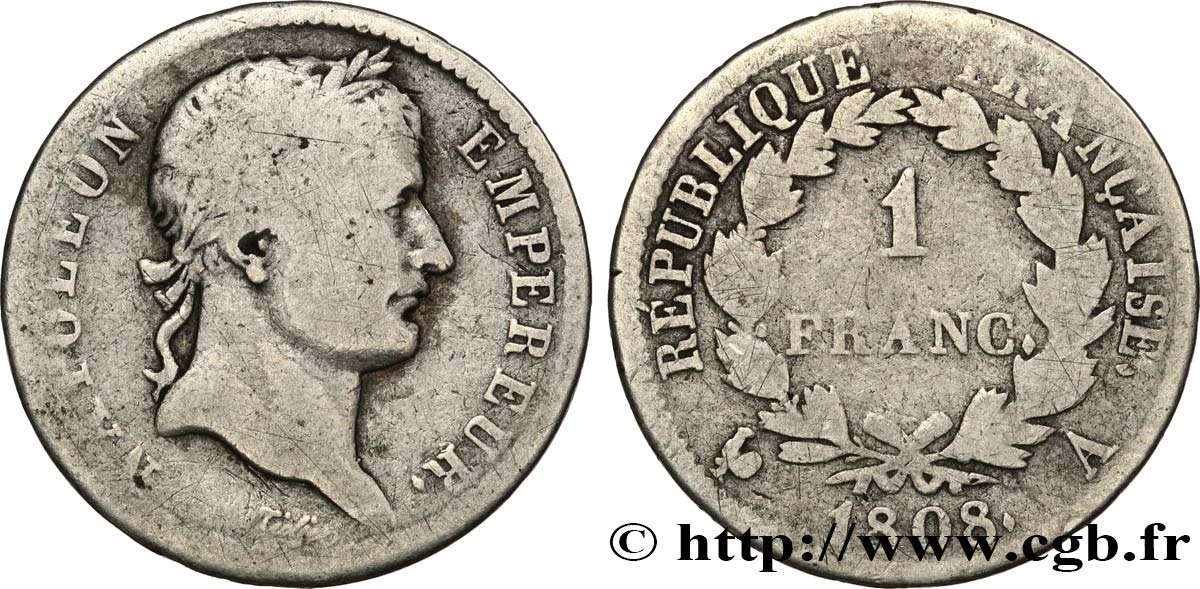 1 franc Napoléon Ier tête laurée, République française 1808 Paris F.204/2 q.MB 