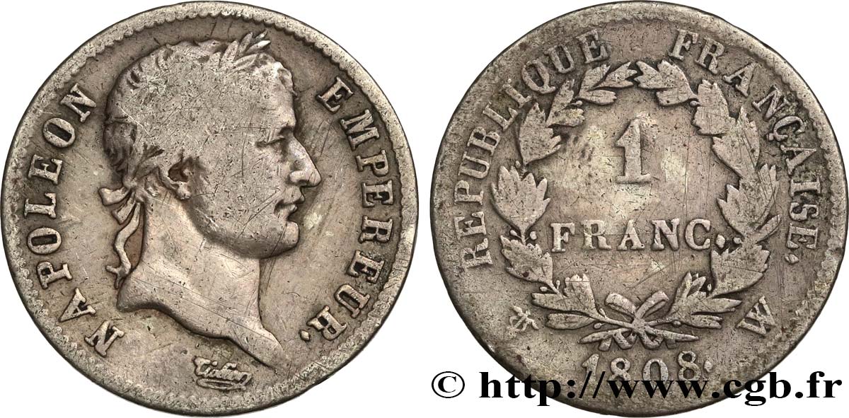 1 franc Napoléon Ier tête laurée, République française 1808 Lille F.204/15 BC15 