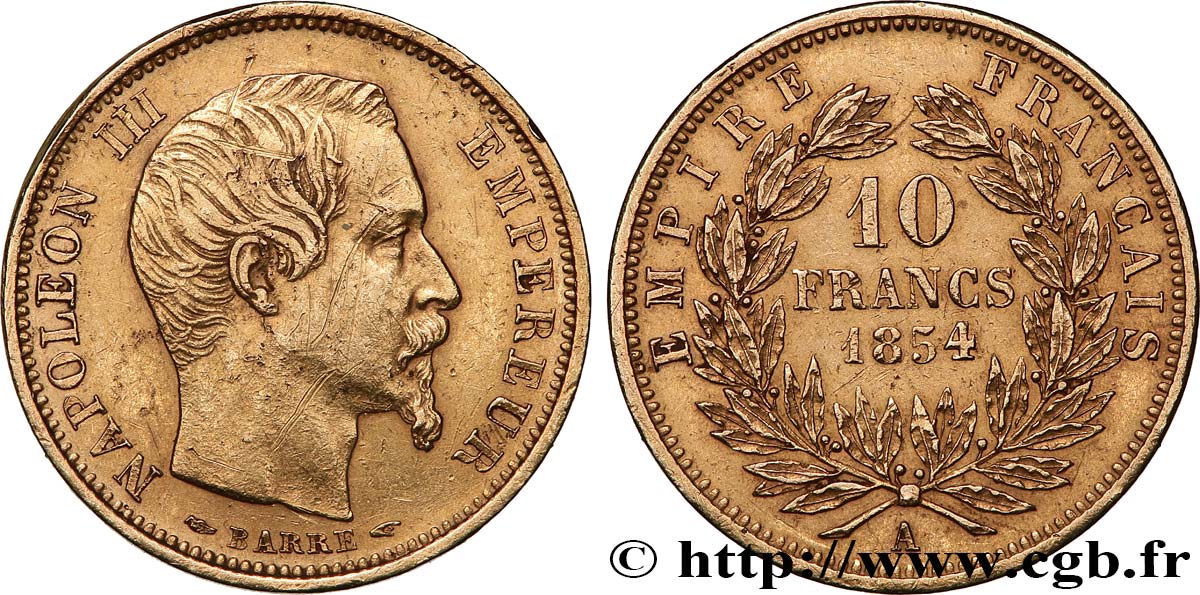 10 francs or Napoléon III, tête nue, petit module, tranche lisse 1854 Paris F.505/1 XF/AU 