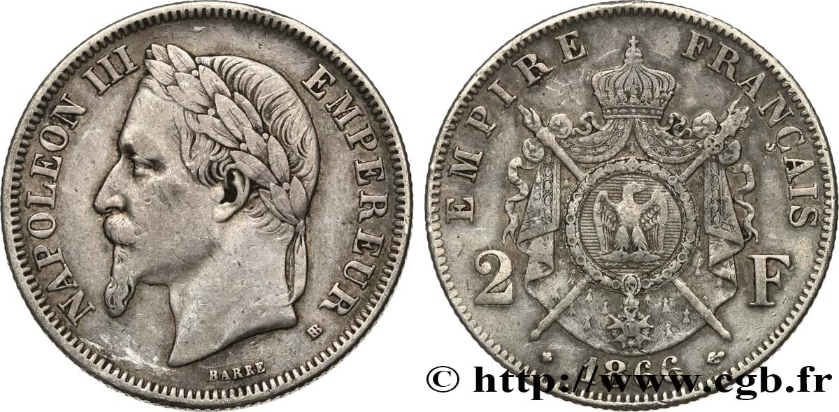 2 francs Napoléon III, tête laurée 1866 Strasbourg F.263/3 VF35 