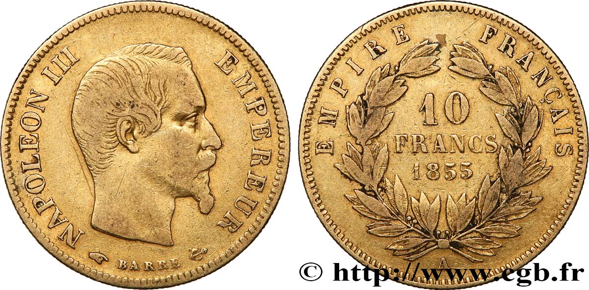 10 francs or Napoléon III, tête nue, grand module 1855 Paris F.506/1 VF 